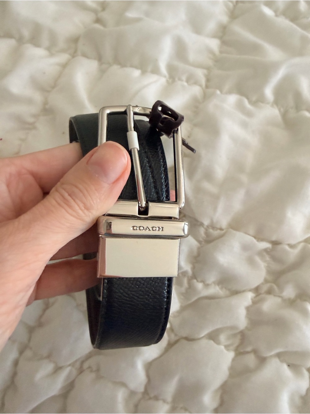 Coach Men's Black Leather Belt with Silver Buckle